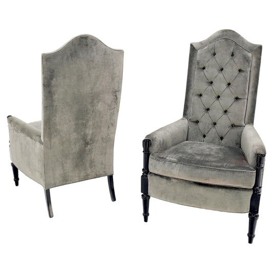 EstablishedLines Pair of Tall Tufted Backs Black Lacquer Frames Decorative Arm Chairs Thrones