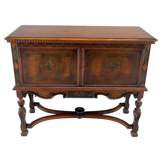 Paint Decorated Two Door Jacobean Style Turned Legs Stretcher Base Server Mint!
