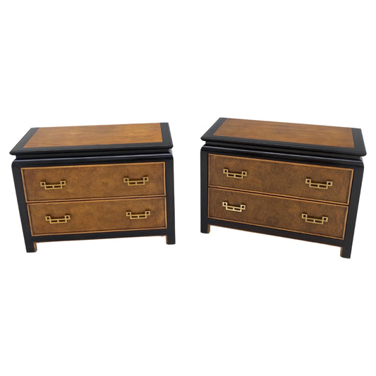 Pair Burl Wood Black Lacquer Solid Brass Drop Pull 2 Drawer Night Stands MINT!