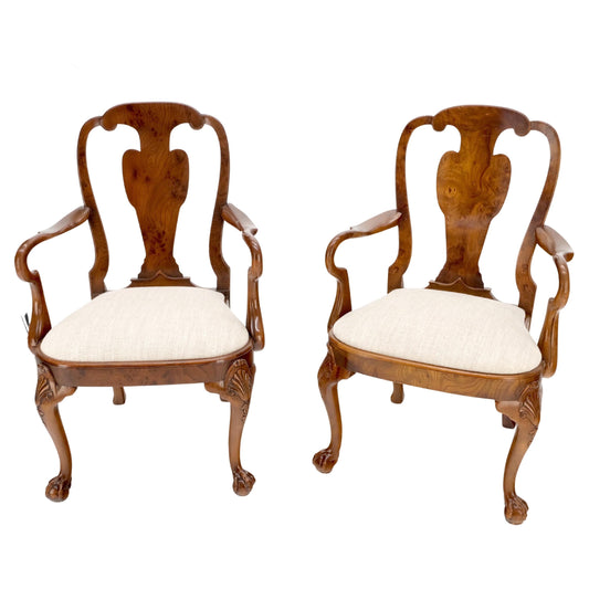 EstablishedLines Pair of Carved Burl Wood New Oatmeal Linen Upholstery Armchairs Mint!