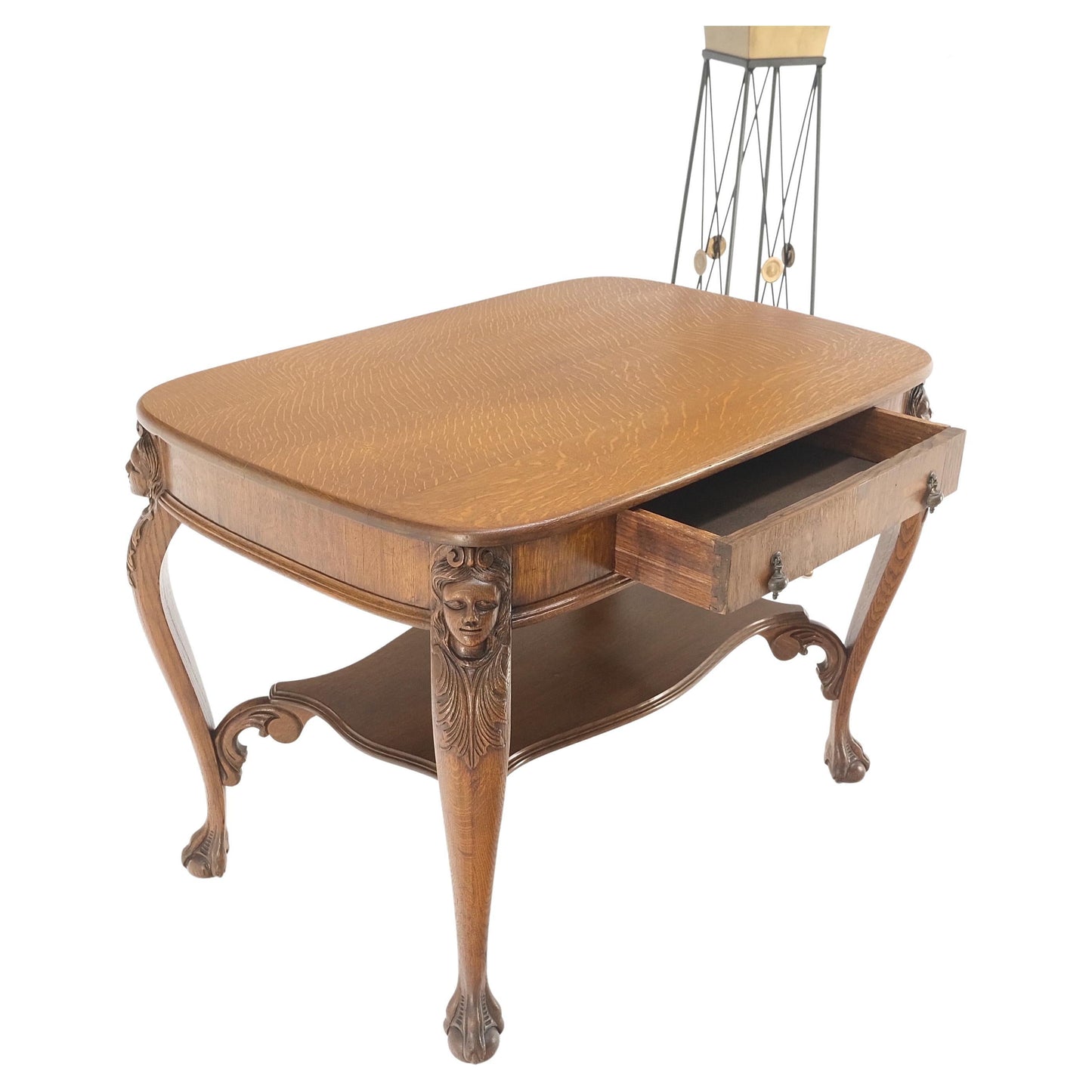 Art Nouveau Style Carved Faces Ball & Claw Feet Rounded Oak Desk Writing Table