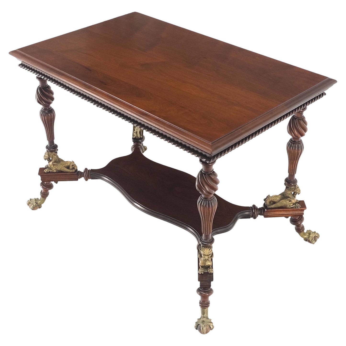 Solid Mahogany Carved Twisted Rope Style Legs Gilt Cast Iron Ball & Claw Table