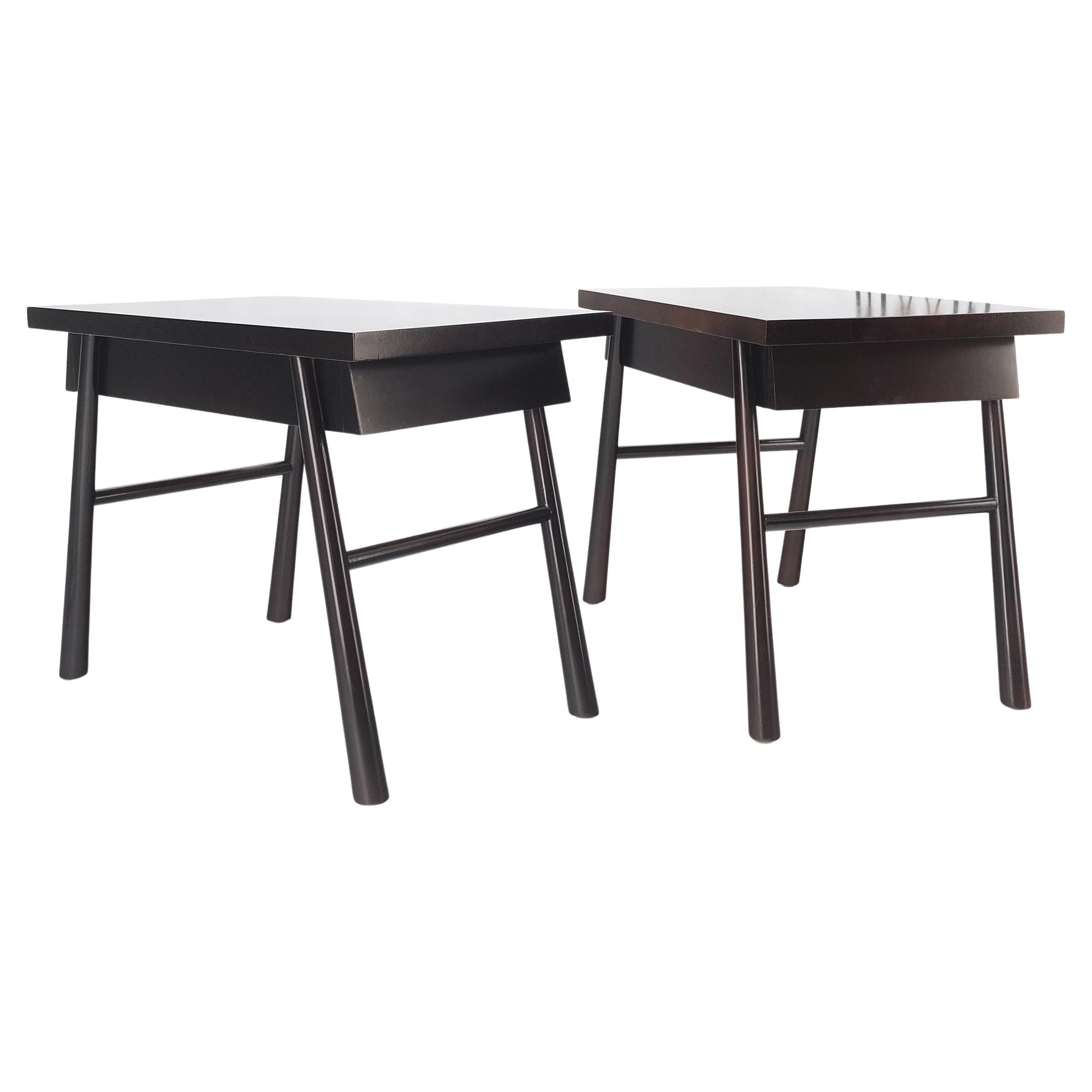 EstablishedLines Pair of Gibbings Ebonized Dark Lacquer Walnut One Drawer End Side Tables Mint!