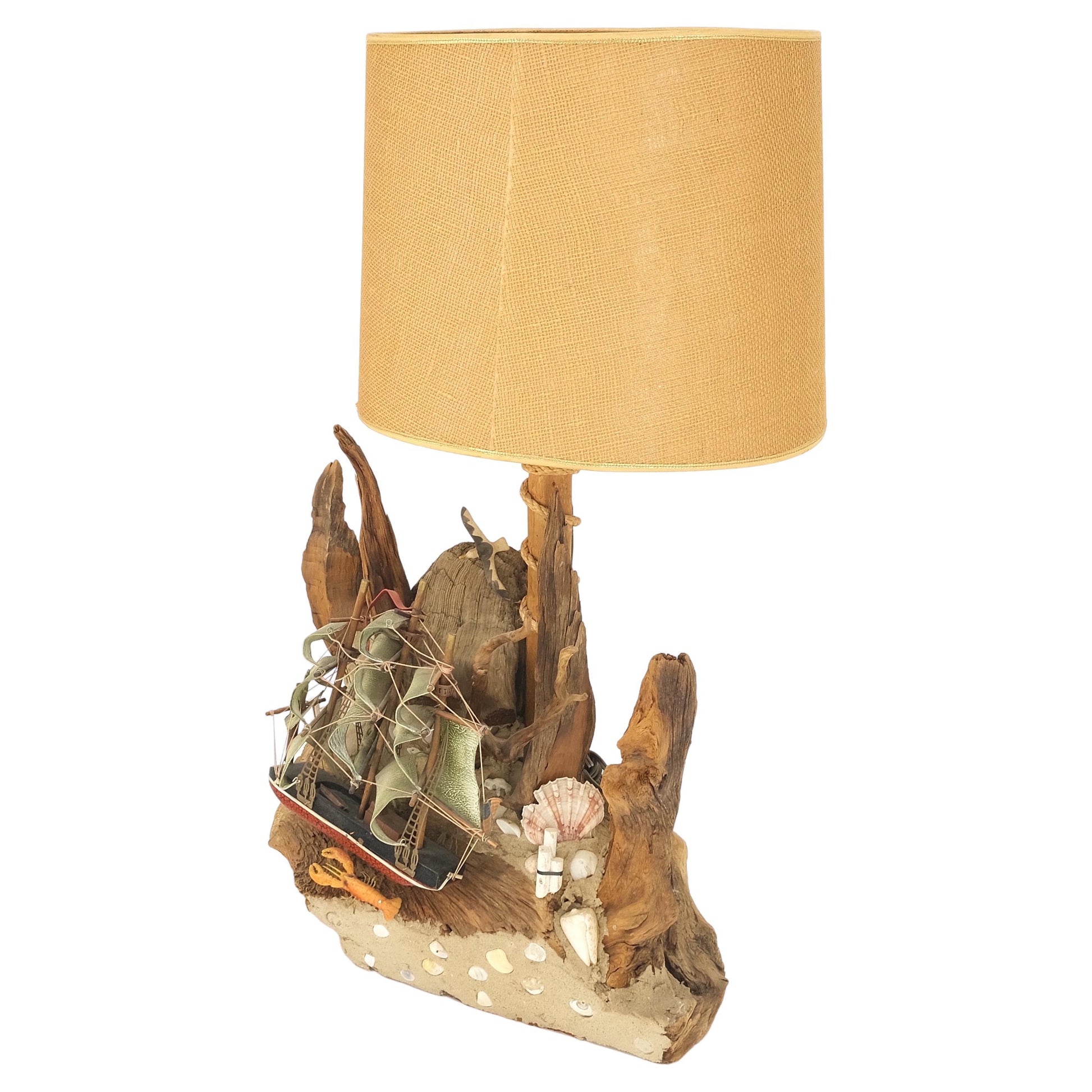 EstablishedLines Sea Naval Shells Theme Decorated Driftwood Base Table Lamp Mid-Century Modern
