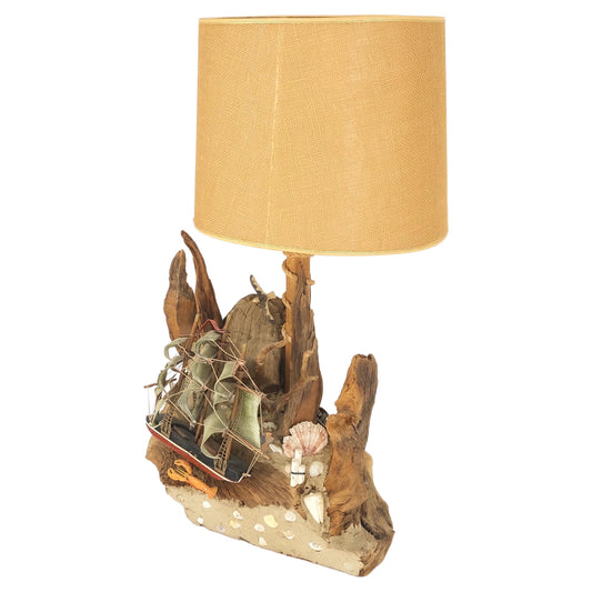 EstablishedLines Sea Naval Shells Theme Decorated Driftwood Base Table Lamp Mid-Century Modern
