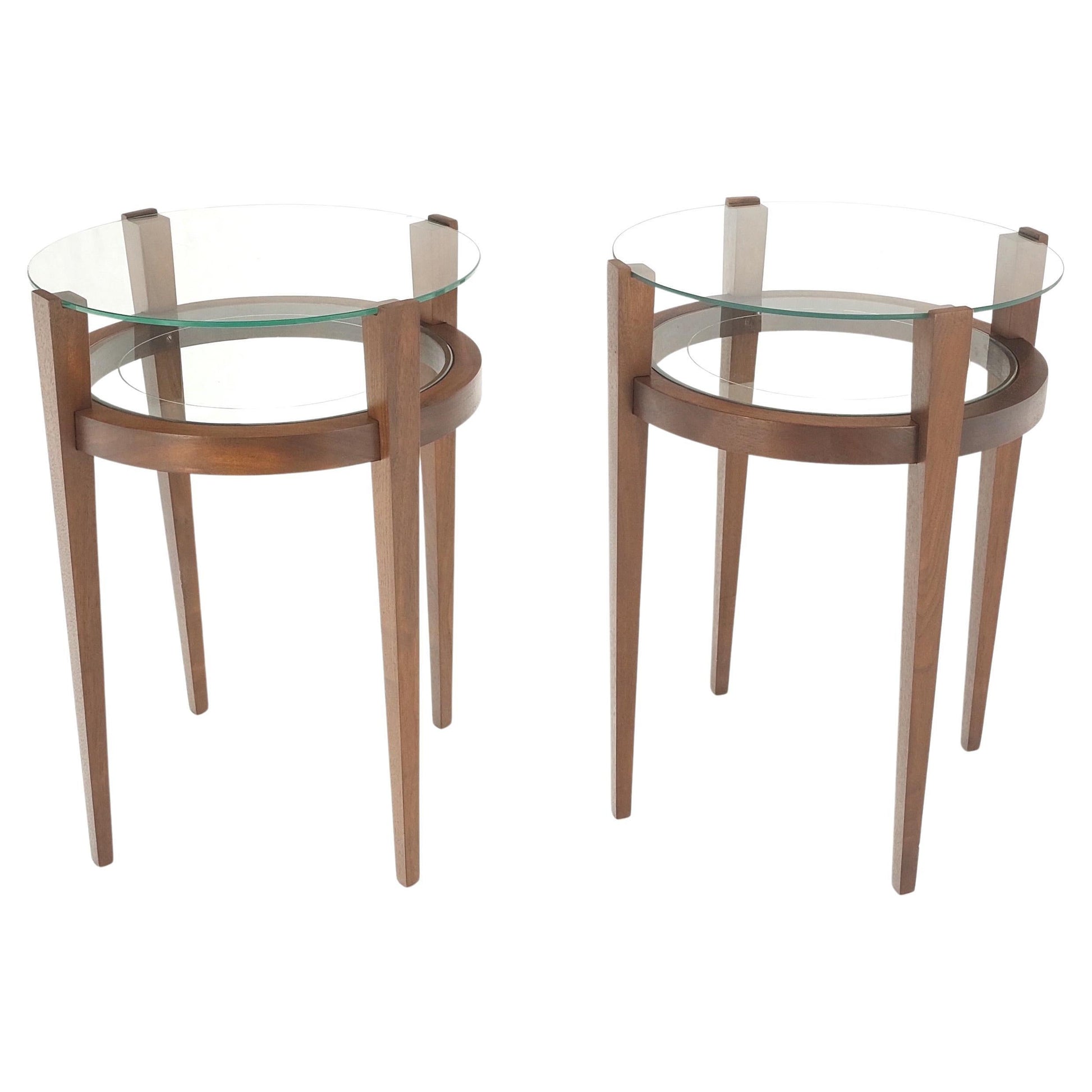 EstablishedLines Pair Two Tier Glass Top  Shelf Oiled Walnut Round End Side Occasional Table MINT