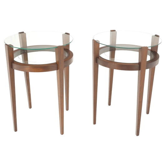 EstablishedLines Pair Two Tier Glass Top  Shelf Oiled Walnut Round End Side Occasional Table MINT