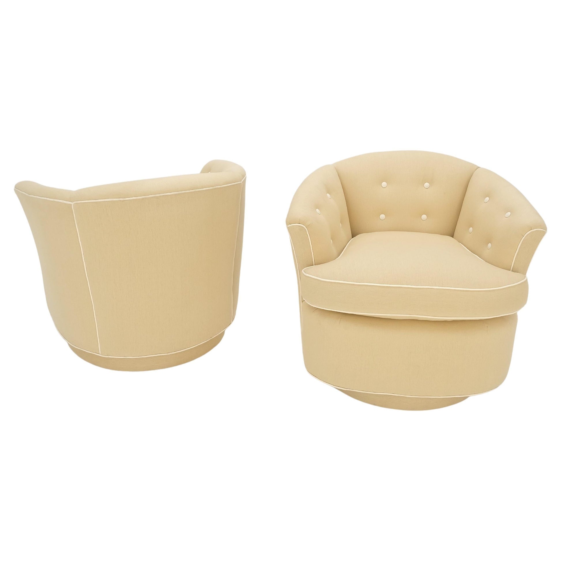 EstablishedLines Pair of New Linen Upholstery Round Swivel Tub Barrel Back Chairs Baughman MINT!