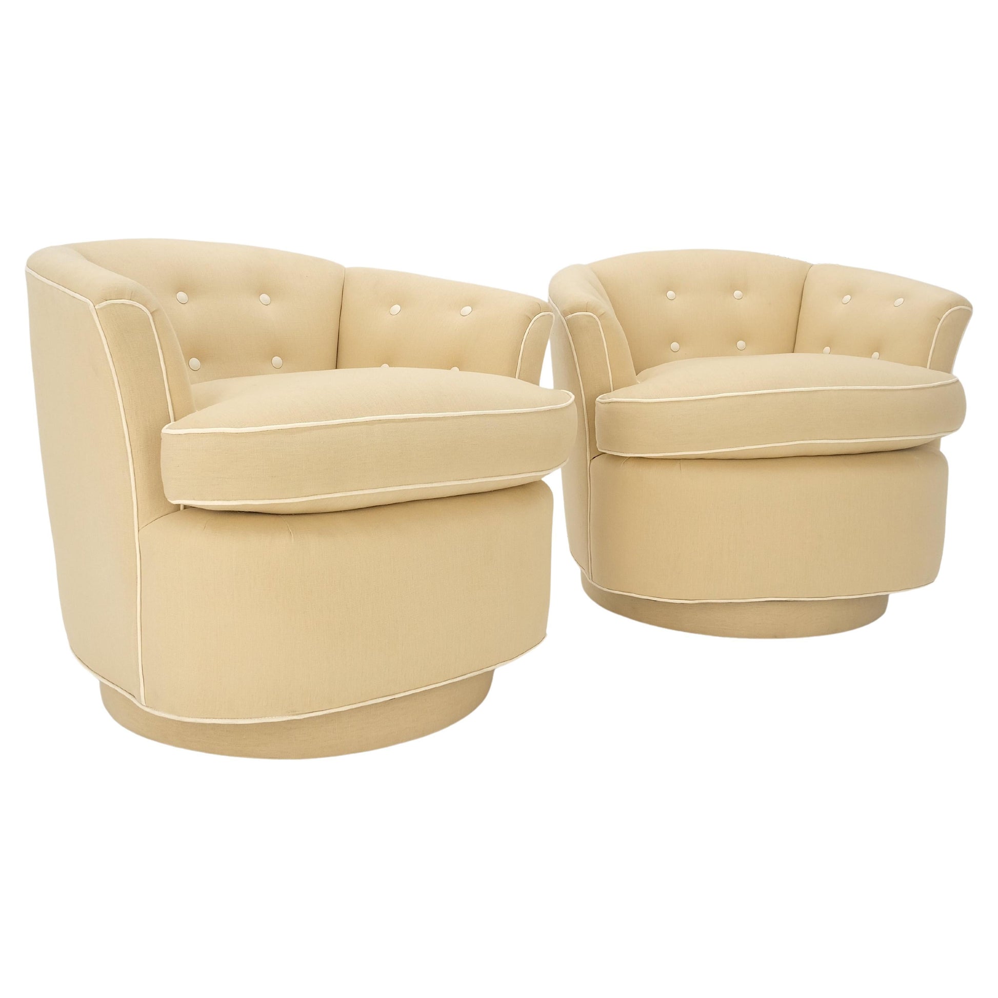 EstablishedLines Pair of New Linen Upholstery Round Swivel Tub Barrel Back Chairs Baughman MINT!