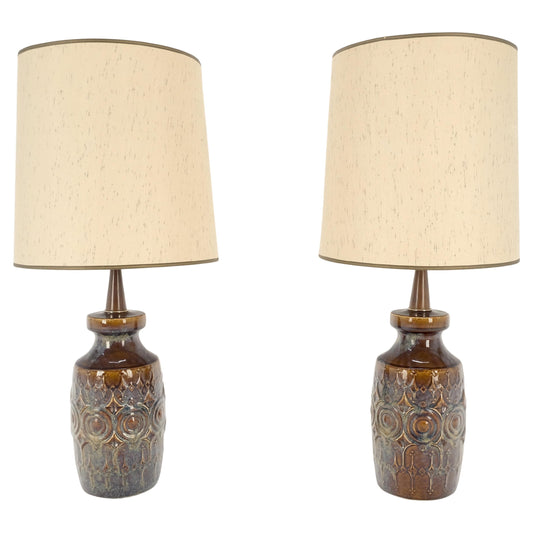 EstablishedLines Pair of Brown Grey Blue Glazed Pottery Ceramic Vase Shape Table Lamp MINT!