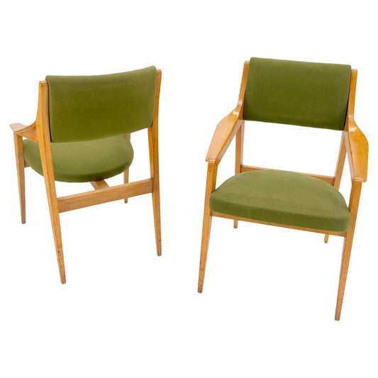 EstablishedLines Pair of c1950s Blond Birch Scandinavian Swedish Arm Chairs Green Upholstery