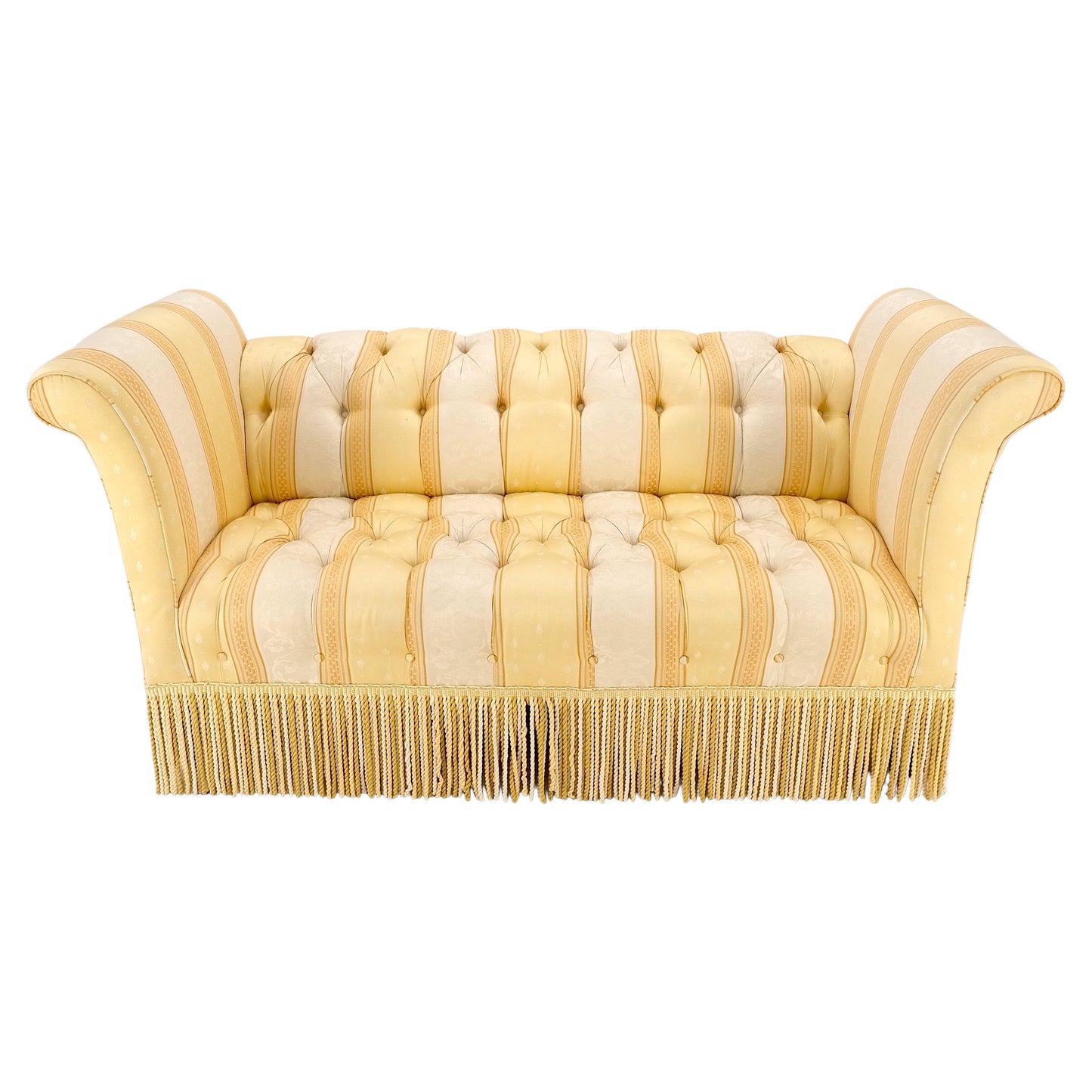Gold & White Stripe Silk Upholstery Tufted Sofa Loveseat Tassels Decorated MINT!