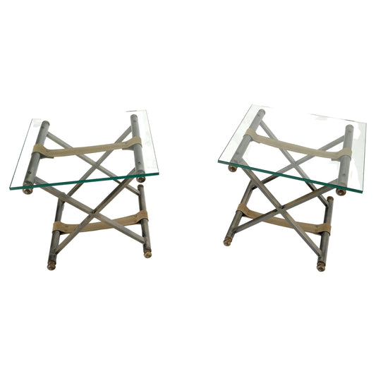 EstablishedLines Pair of Glass Top X Bases Smoked Chrome End Side Bed Tables Stands DIA MINT!