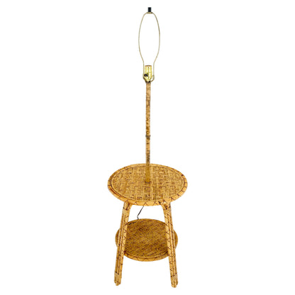 EstablishedLines Bamboo Rattan c1970s 4 Legged Two Tier Round Side Table Floor Lamp MINT!