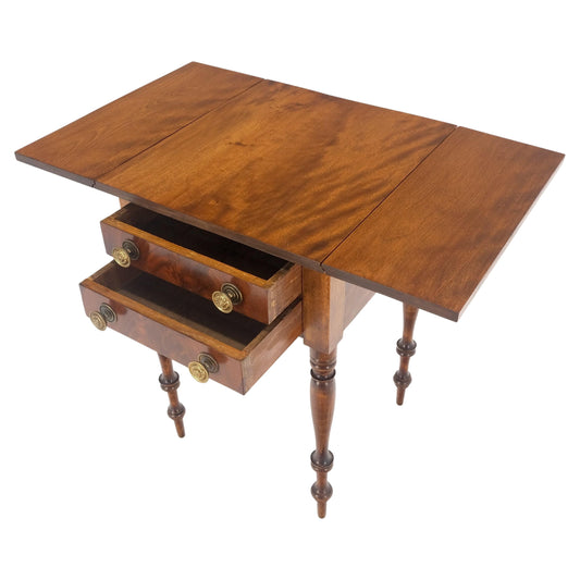 EstablishedLines Antique c1900s Fine Turned Leg Brass Pull Flame Mahogany Drop Leafs Side Table