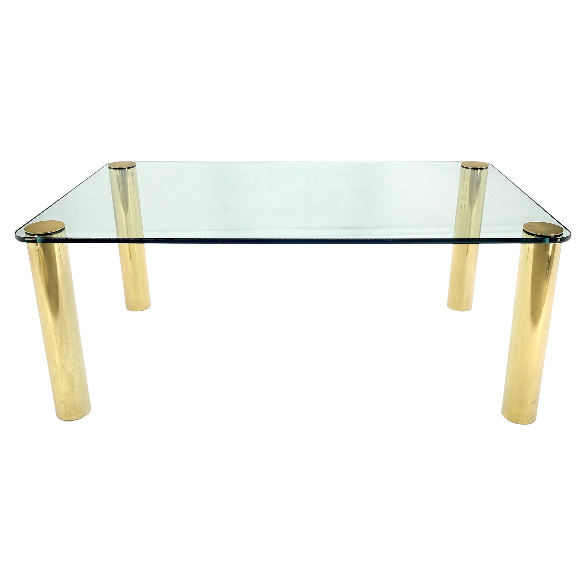 EstablishedLines 3/4" Thick Glass Top Rounded Corners Brass Cylinder Legs Mid Century Modern