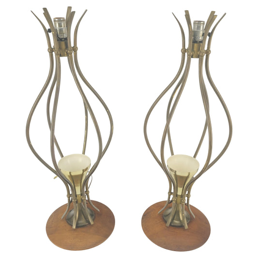 EstablishedLines Pair of Onion Shape Turned Solid Walnut Bases Brass Harps Table Lamps MINT!