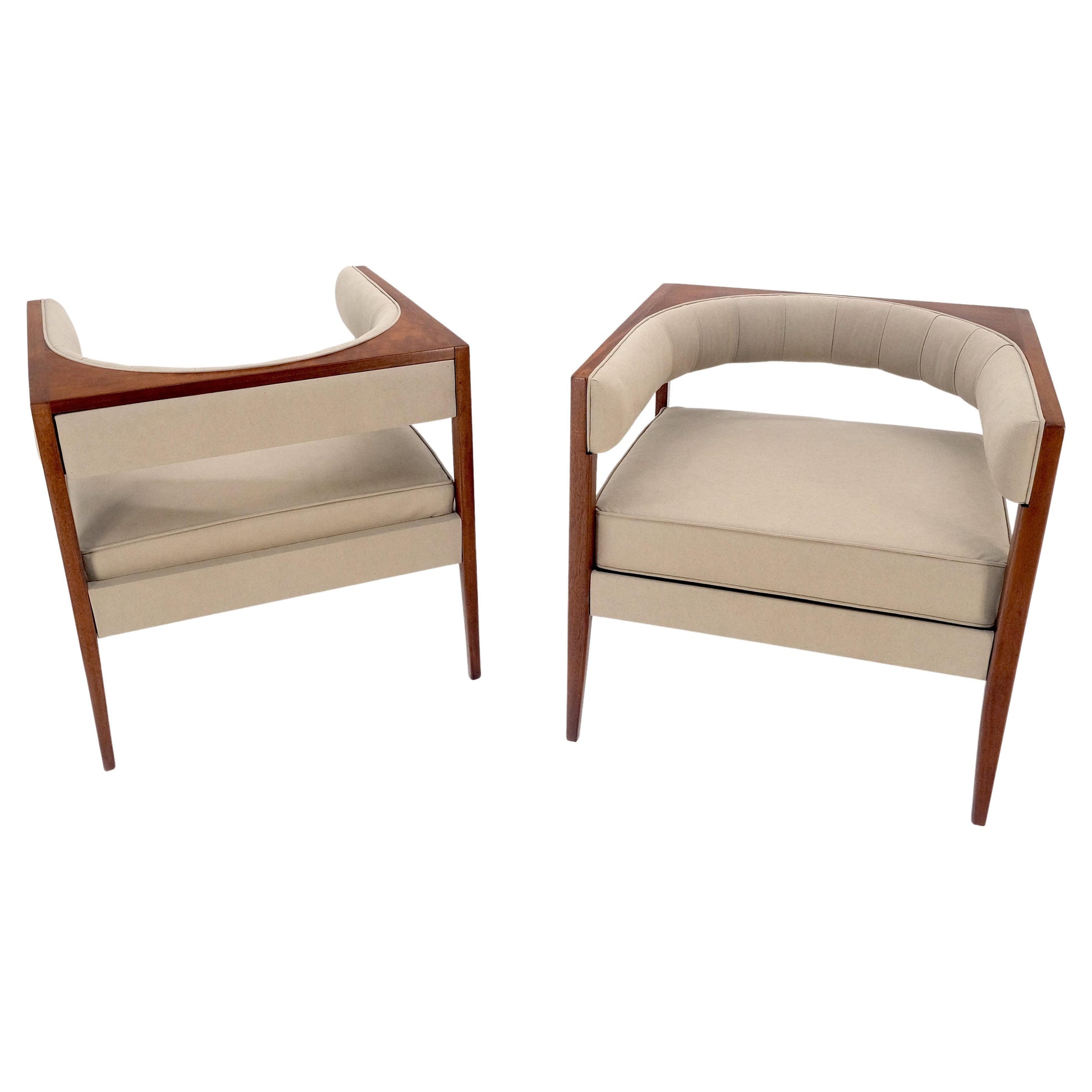 EstablishedLines Pair New Alcantera Upholstery Walnut Cube Shape Barrel Back Lounge Chairs MINT!