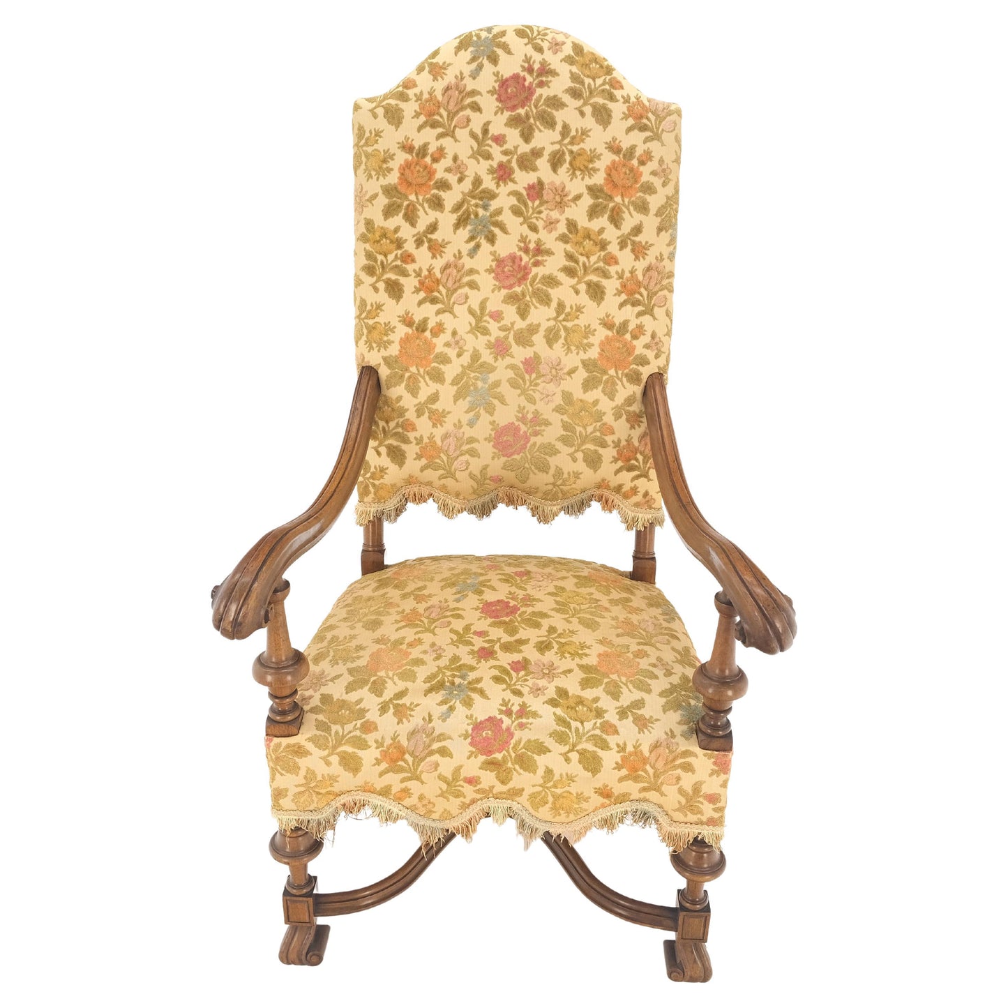 EstablishedLines long Carved Walnut Arms Tall Back Turned Legs X Base Stretcher Arm Chair MINT!
