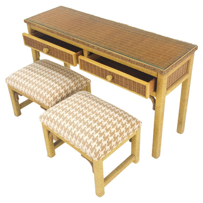 EstablishedLines Mid Century Modern Wicker Glass Top Consoel Table w/ Pair of Matching Benches