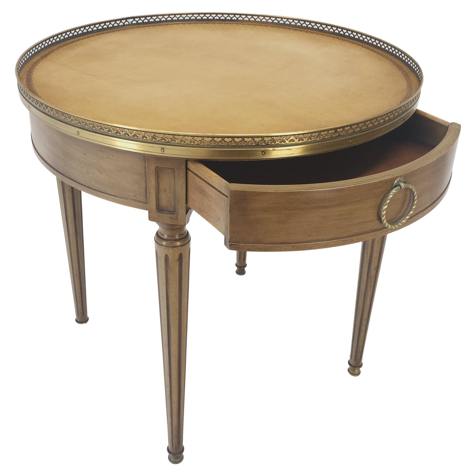 EstablishedLines Henredon Olive Green Round Leather Top Brass Gallery Drop Pull Side Table MINT!