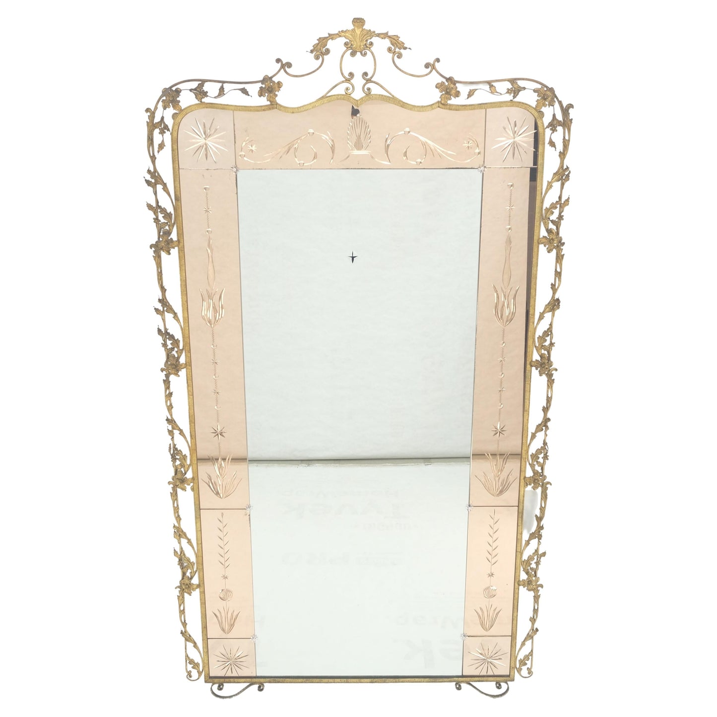 EstablishedLines Large Standing 9' Tall Forged Gold Gilt Metal Leafs & Flowers Mirror CLEAN!