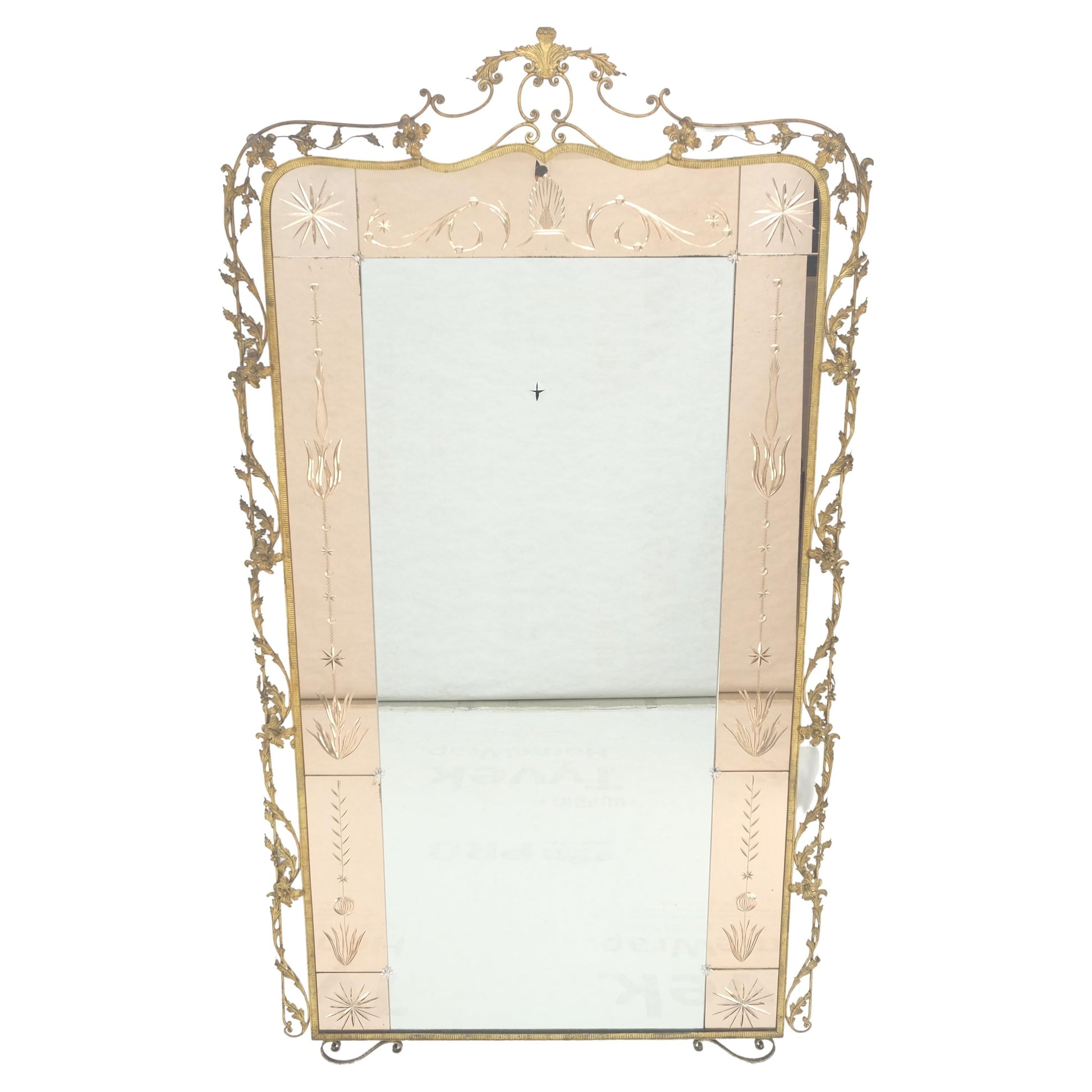 EstablishedLines Large Standing 9' Tall Forged Gold Gilt Metal Leafs & Flowers Mirror CLEAN!