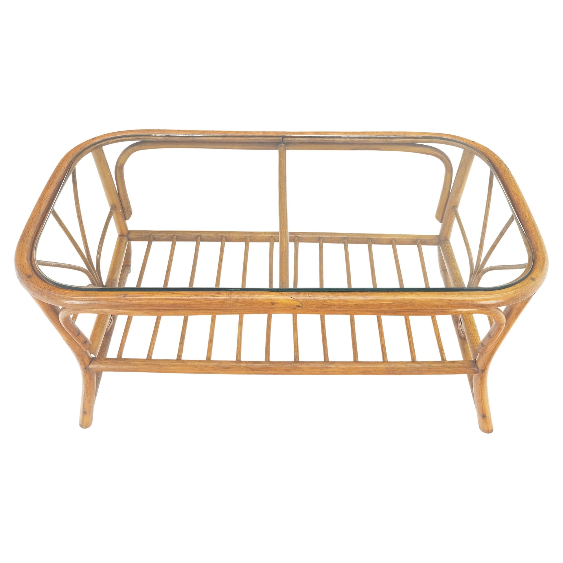 EstablishedLines Ficks Reed Rattan Bamboo Rounded Corners Two Tier Coffee Table c1970s MINT!