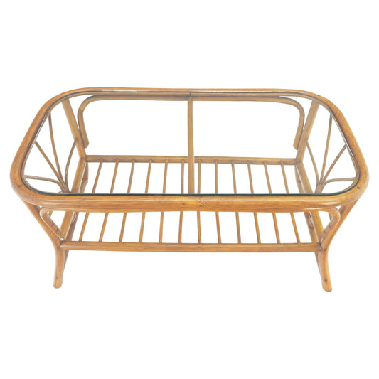 EstablishedLines Ficks Reed Rattan Bamboo Rounded Corners Two Tier Coffee Table c1970s MINT!