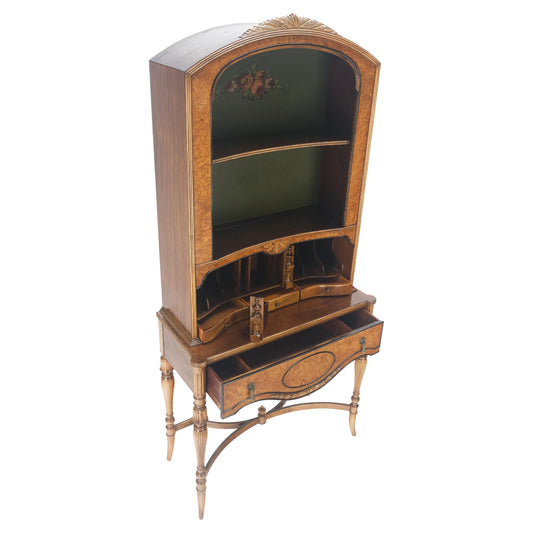Berkey & Gay Painted Decorated Petit Secretary Display Cabinet with Shelves Burl