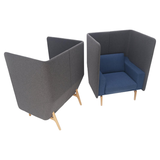 EstablishedLines Pair Mid Century Modern Wingback Lounge Chairs Blue Grey Wool Upholstery MINT!