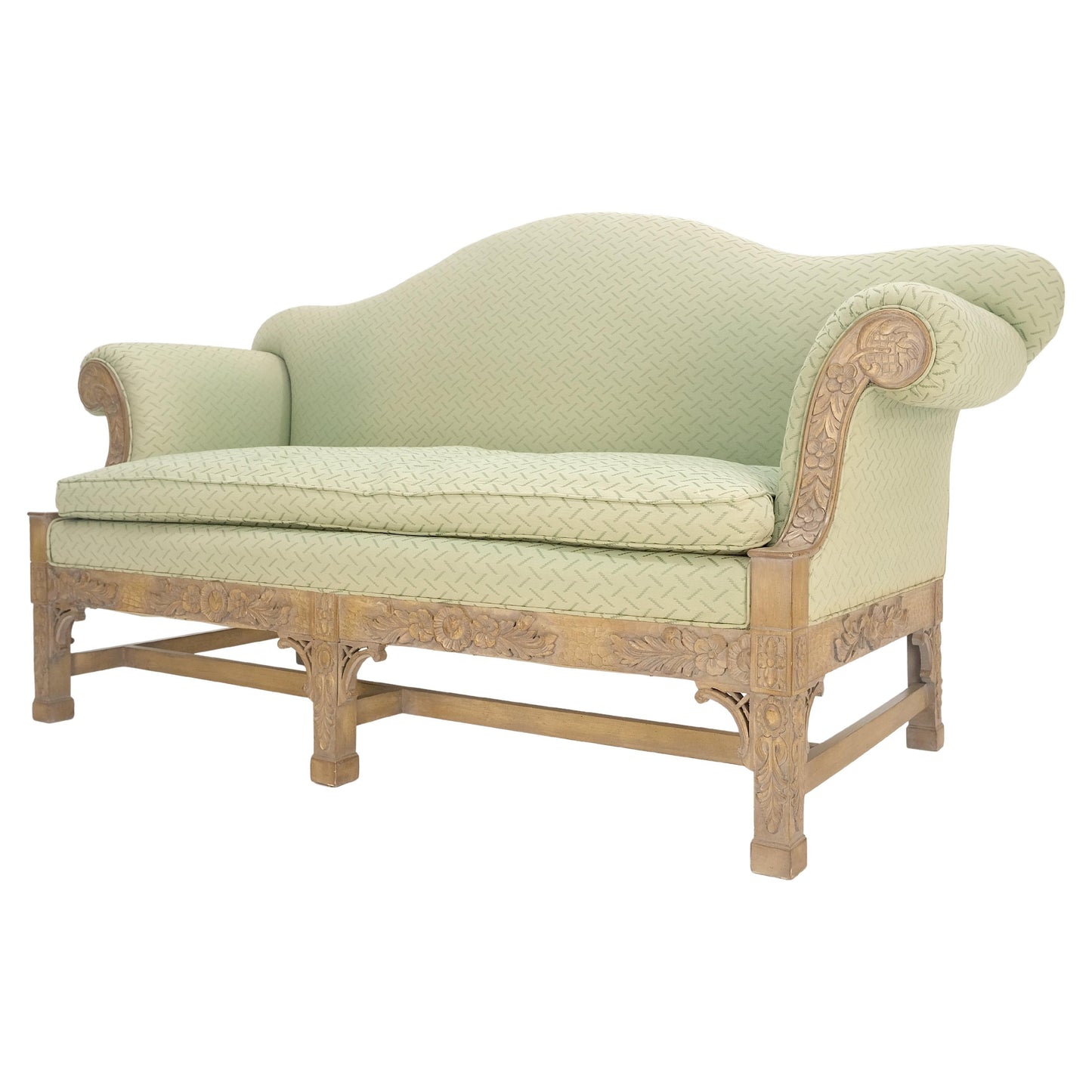 EstablishedLines Very Fine Carved Bleached Mahogany Camel Back Compact Sofa Stretcher Base 1960s