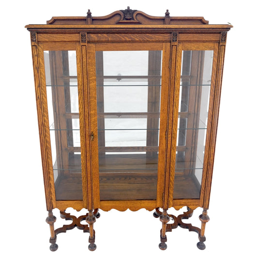 Light Oak Ball Feet Glass Doors Shelves China Curio Display Cabinet Brass Key