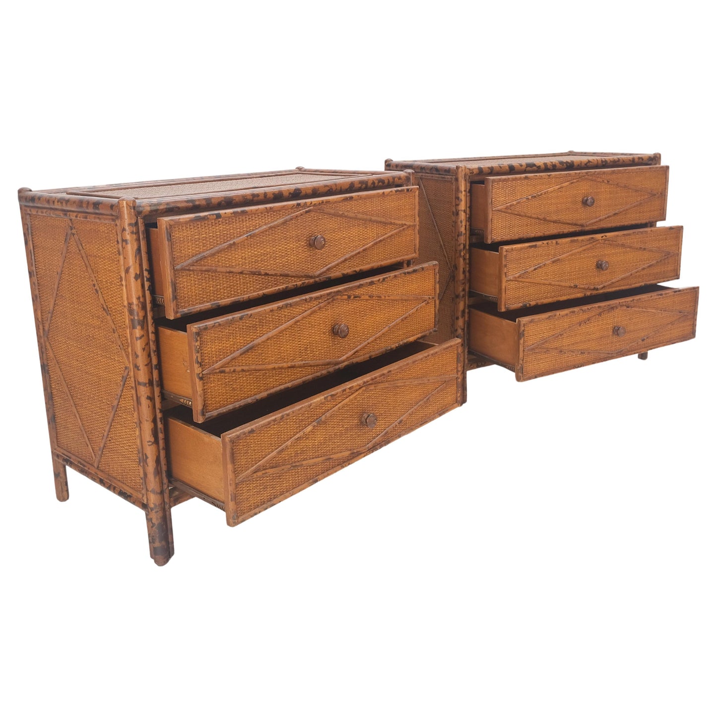 Bloomingdales Pair of Burnt Bamboo 3 Drawers Cane Rattan Small Dressers Chests
