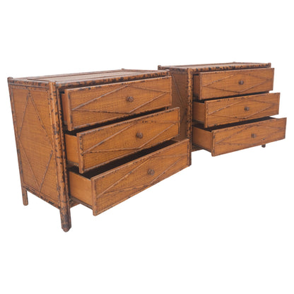 Bloomingdales Pair of Burnt Bamboo 3 Drawers Cane Rattan Small Dressers Chests