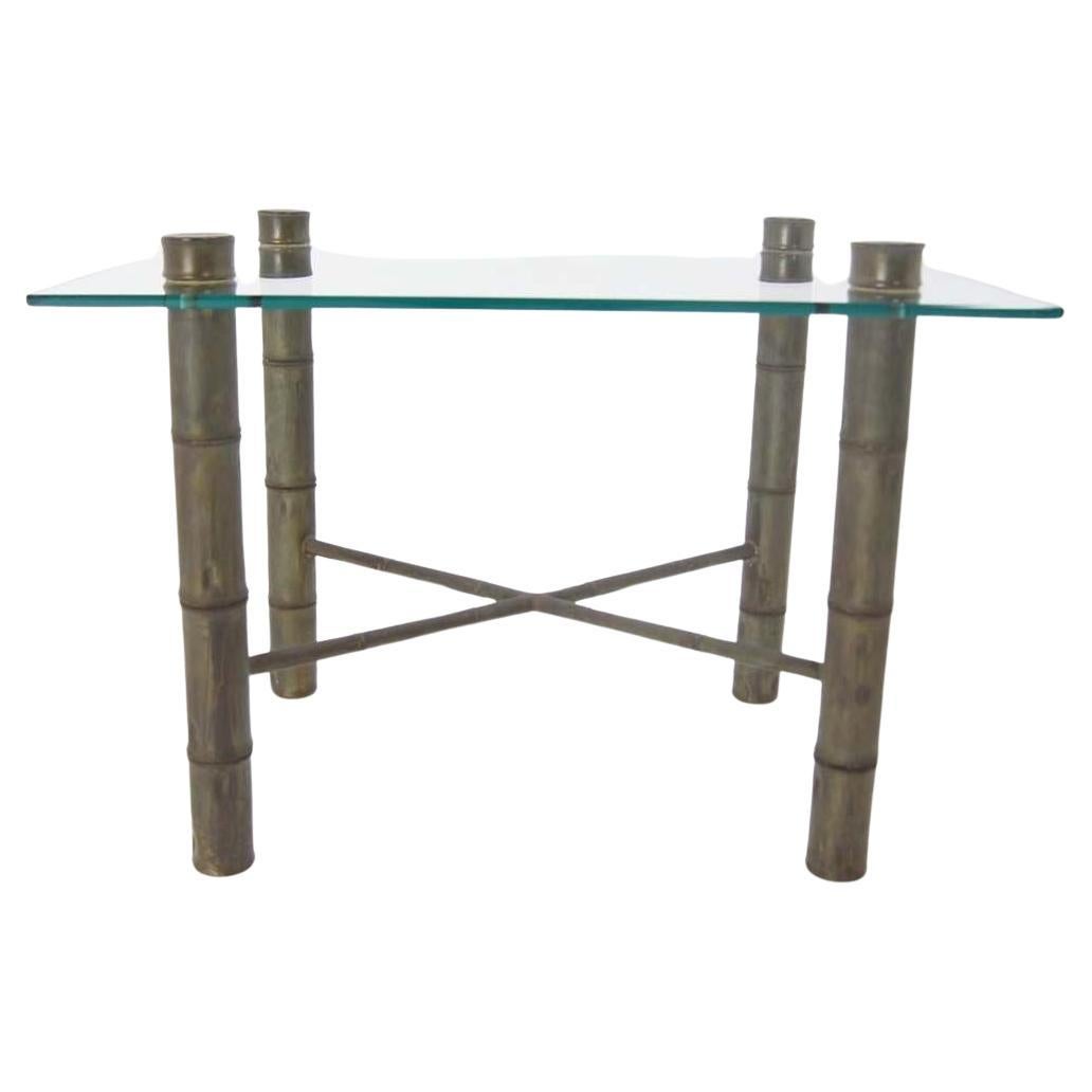EstablishedLines Faux Bamboo Brass X Base Square Glass Top Coffee Table Mid Century Modern