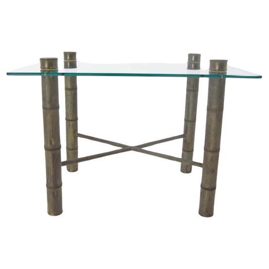 EstablishedLines Faux Bamboo Brass X Base Square Glass Top Coffee Table Mid Century Modern
