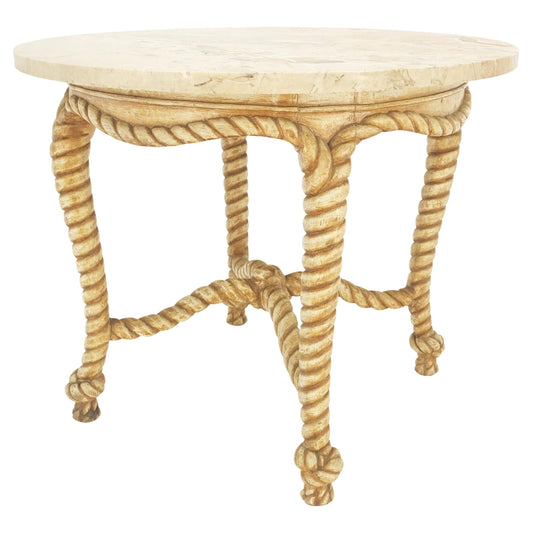 EstablishedLines Round Marble Top Carved Wood "Rope & Knots" Legs Base Center Lamp Table Stand