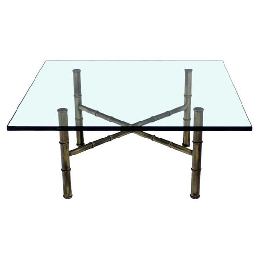 EstablishedLines Mid Century Modern X Base Brass Faux Bamboo Square Glass Top Coffee Table MINT!