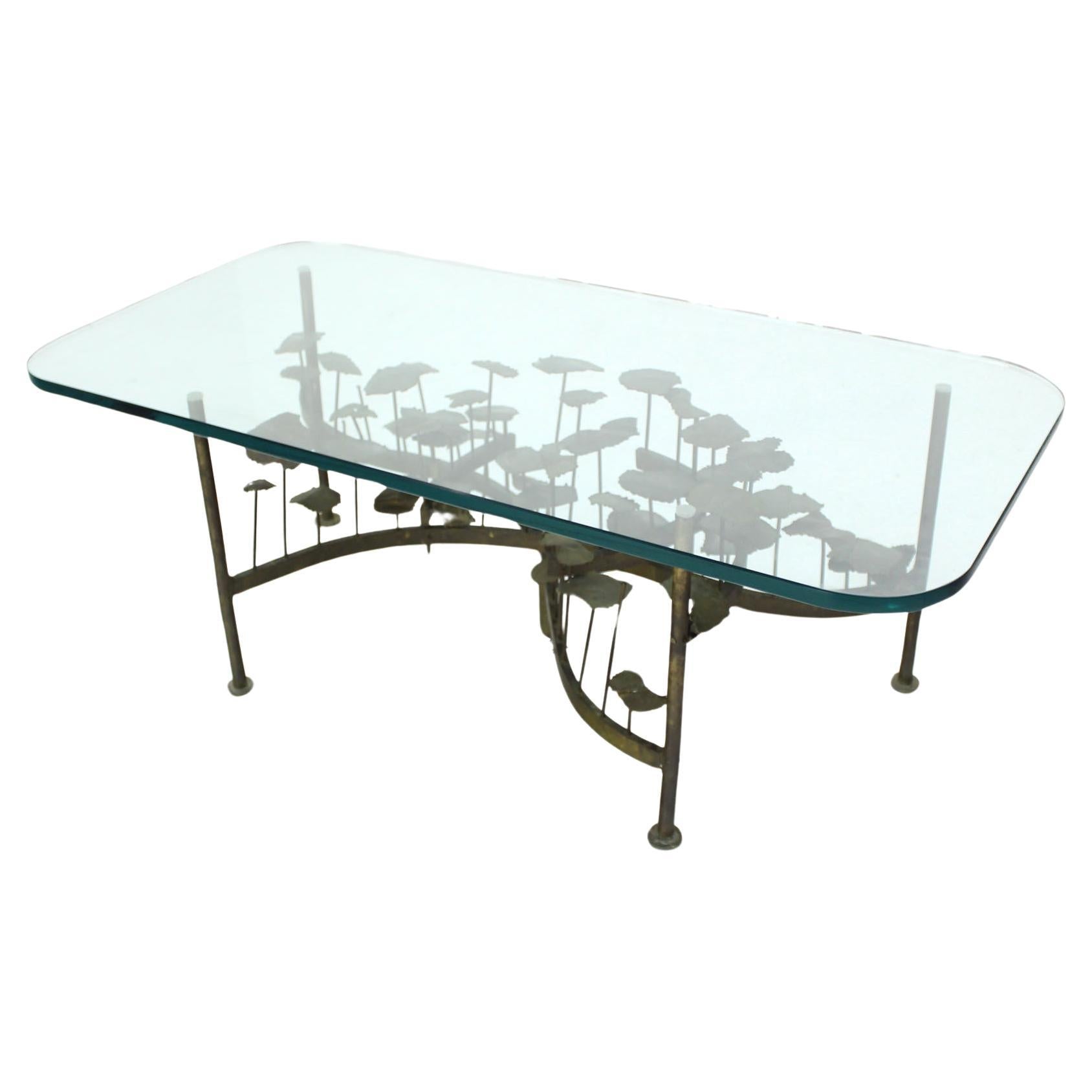 EstablishedLines Silas Seandel Mid Century Modern Brass Base Glass Top Brutalist Coffee Table