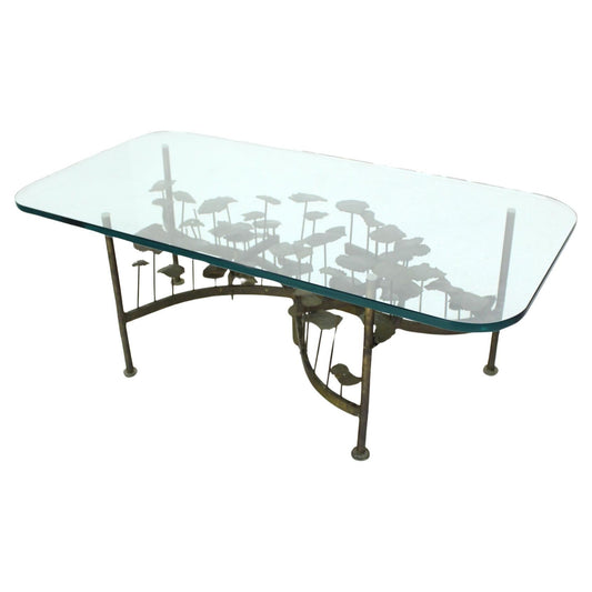 EstablishedLines Silas Seandel Mid Century Modern Brass Base Glass Top Brutalist Coffee Table