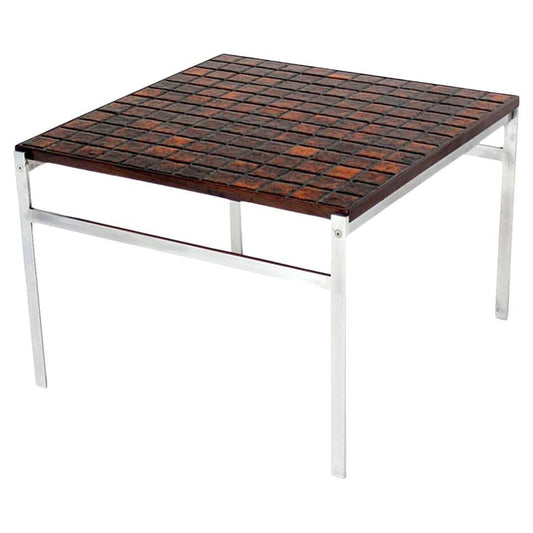 EstablishedLines Danish Modern Chrome Base Tile Mosaic Rosewood Top Square Coffee Side Table MINT