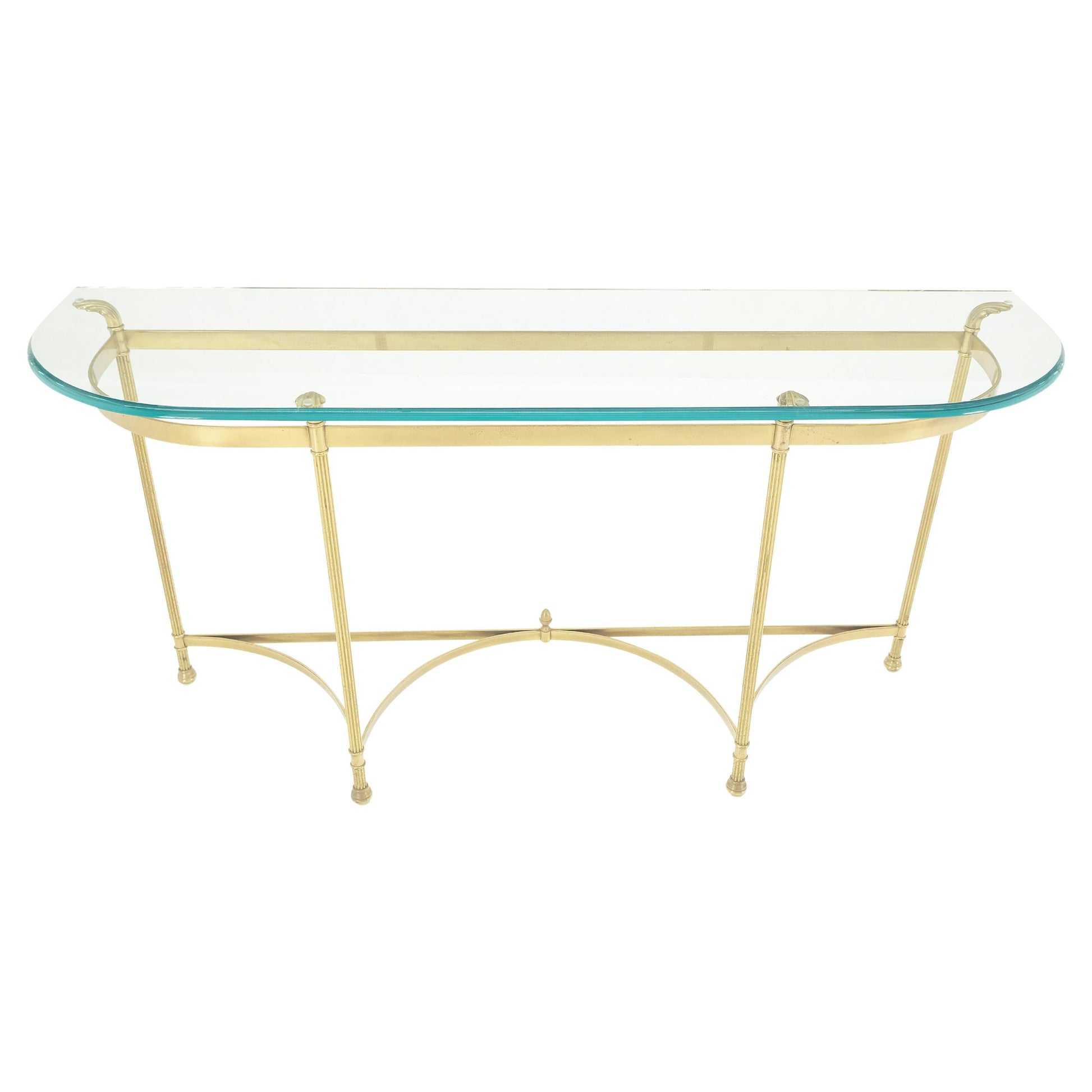 EstablishedLines Italian Modern Solid Brass Base Demi Lune Shape Glass Top Console Sofa Table