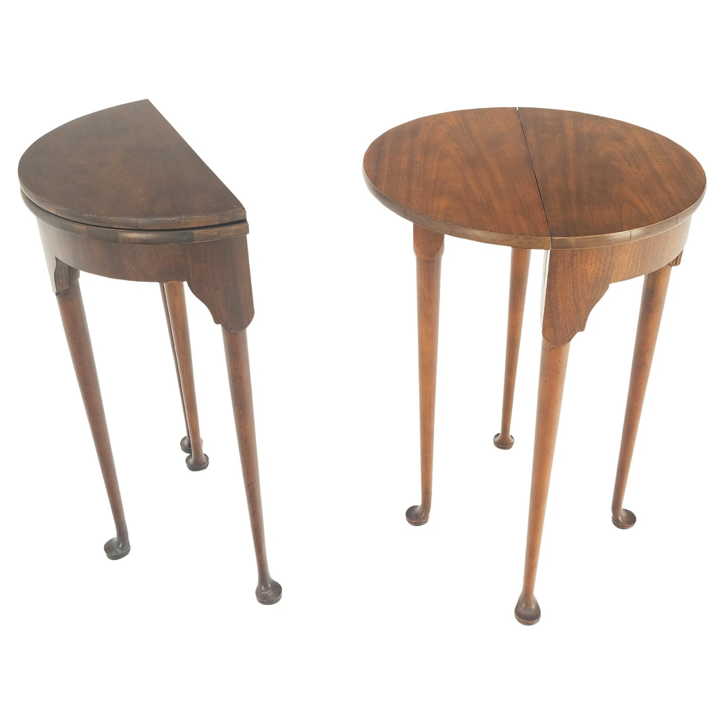 EstablishedLines Pair Walnut Baker Demilune Flip Top Round End Side Console Occasional Table MINT