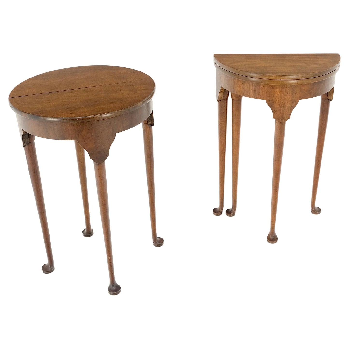 EstablishedLines Pair Walnut Baker Demilune Flip Top Round End Side Console Occasional Table MINT