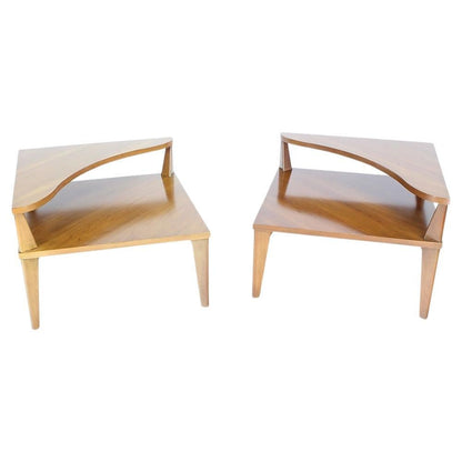 EstablishedLines Pair of Large Square Light Walnut Step Corner End Tables Stands John Stuart MINT