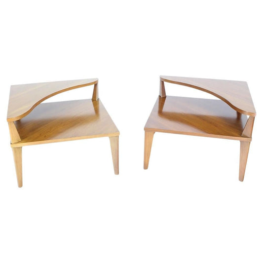 EstablishedLines Pair of Large Square Light Walnut Step Corner End Tables Stands John Stuart MINT