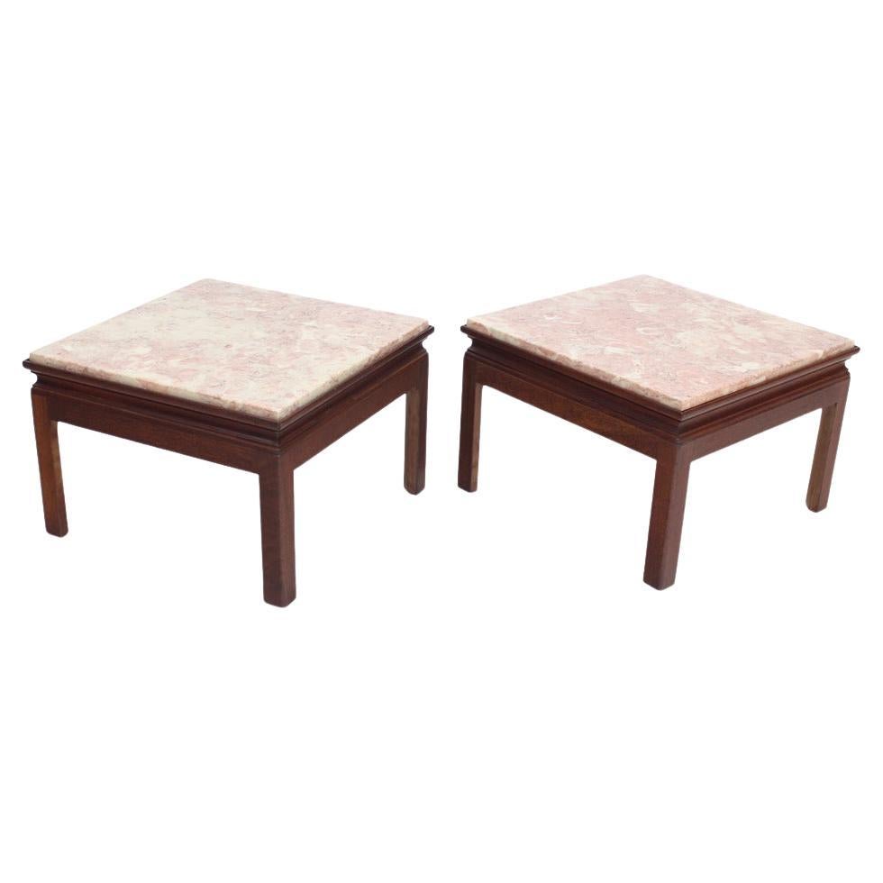 EstablishedLines Mid-Century Modern Pair Low Profile Square Marble Top Side End Tables Stand MINT
