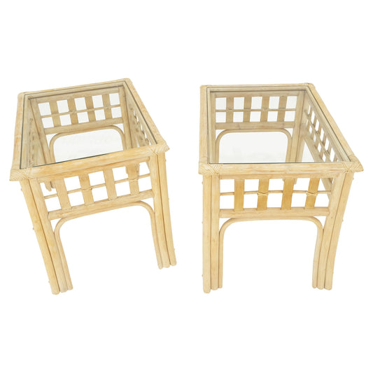 EstablishedLines Pair of White Wash Pickle Finish Rattan Rectangle Glass Top End Side Tables MINT