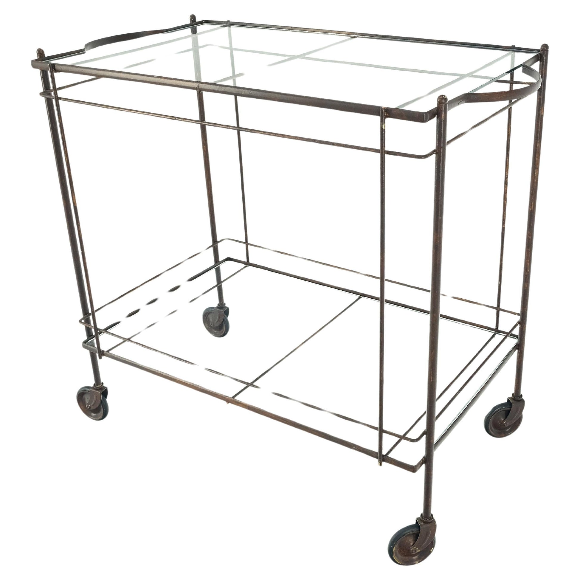 EstablishedLines Mid Century Modern c1950s Rolling Brass Two Tier Rectangle Serving Cart Wheels